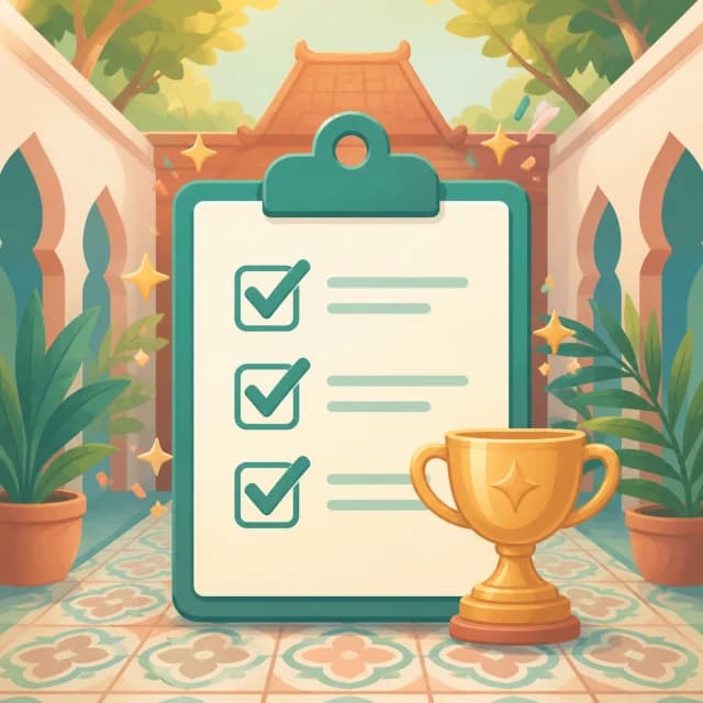 A completed study checklist beside an achievement trophy