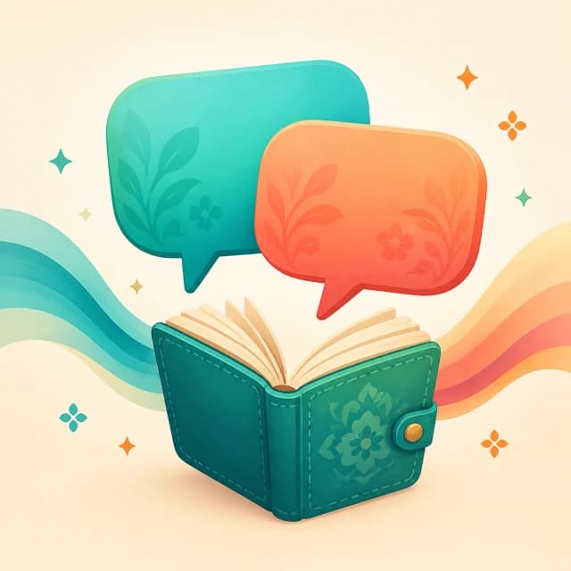 A phrasebook with colorful conversation bubbles