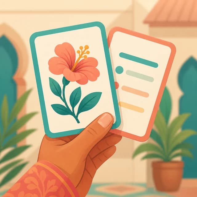 Colorful vocabulary flashcards held in one hand