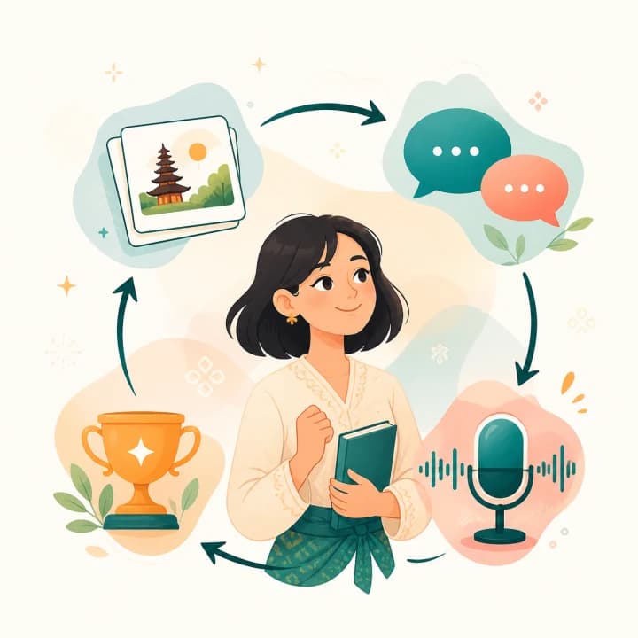 A learner surrounded by a complete cycle of study activities