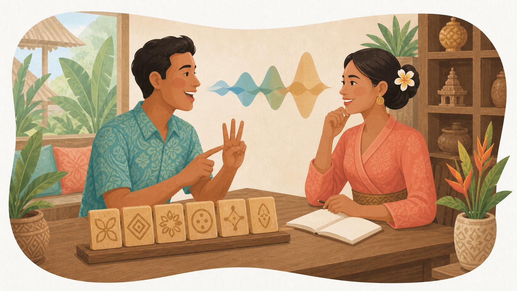 A learner practicing Indonesian conversation with a Languari tutor