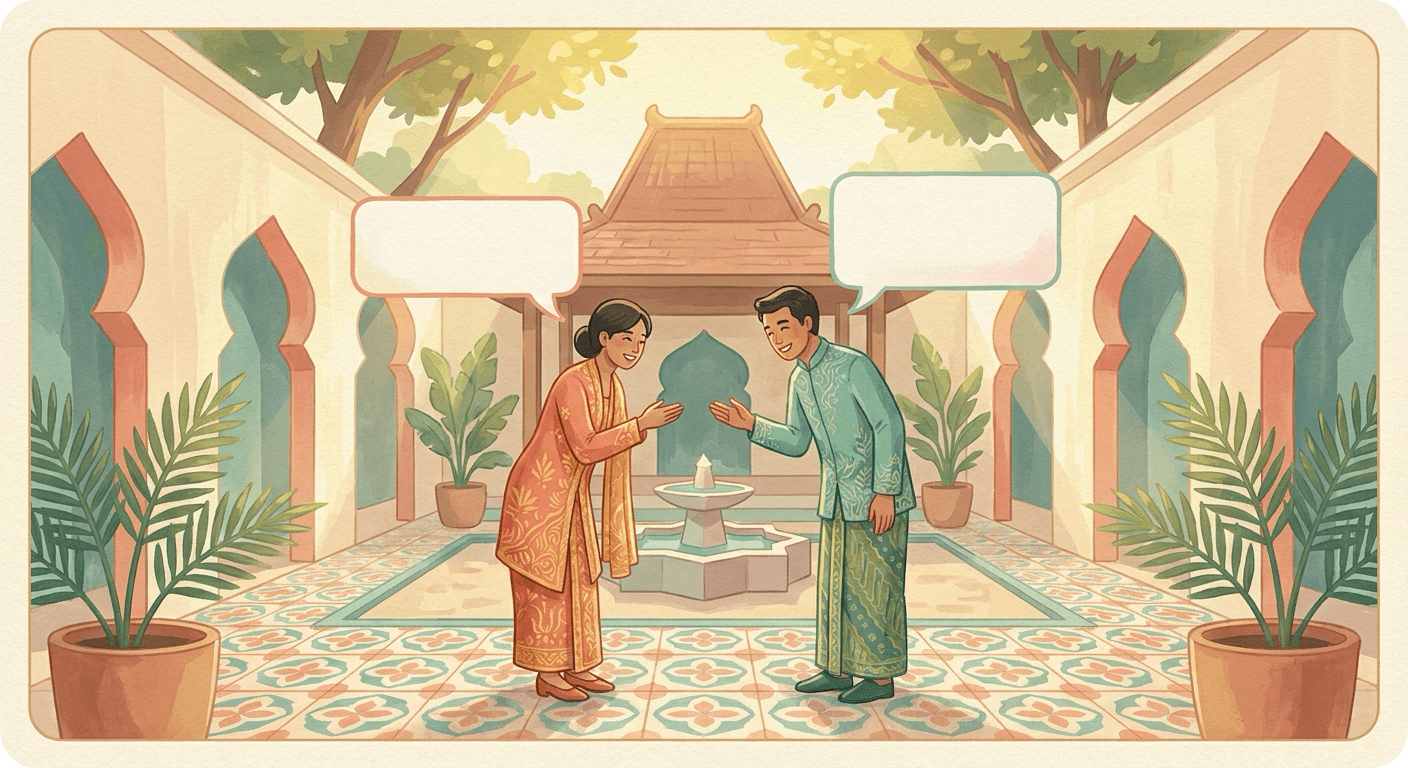 Two people greeting each other in an Indonesian-inspired illustration